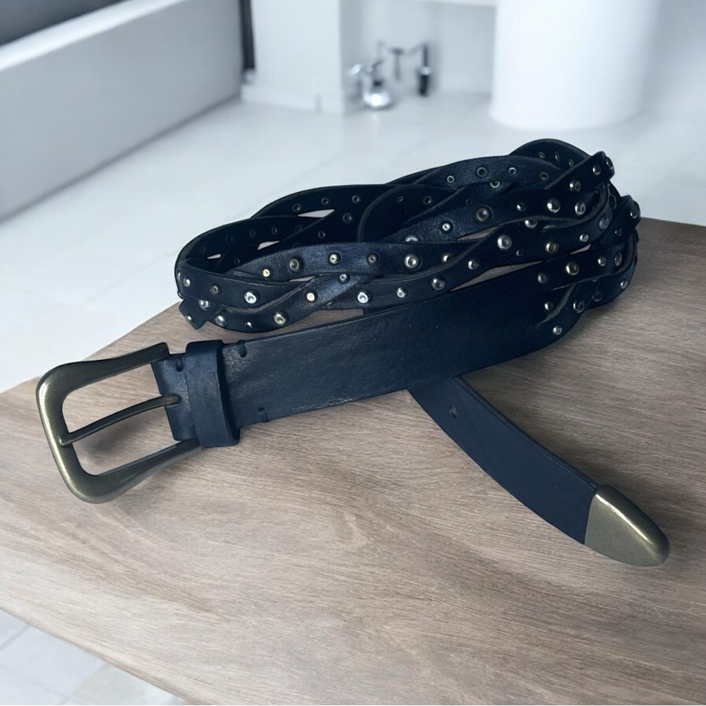 Sundance woven riveted black leather belt made in Italy antique gold tone  | Sm